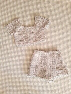 Zara Pink and Cream Tweed Cropped Jacket Set